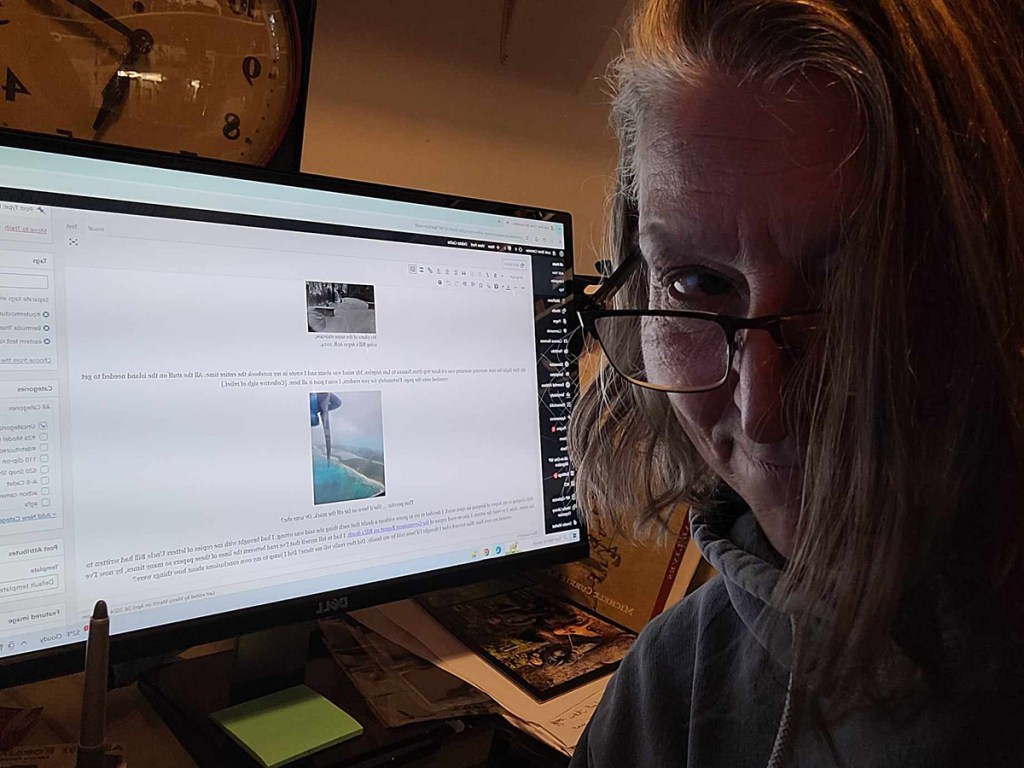 A photo of the author, with the computer screen in the background. I'm working on another installment of the story of  my uncle who mysteriously disappeared in the Bermuda Triangle during the Cold War.