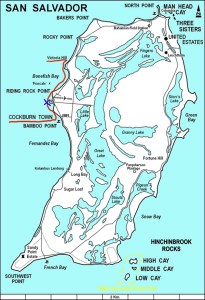 A map of San Salvador Island, the outmost island of the Bahamas, I've marked the place where my uncle and his diving partner mysteriously disappeared.