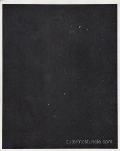 Night sky, taken from the Bermuda Triangle during the Cold War. Stars and a satellite trail. Sputnik.