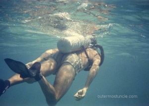 Skin diving in the Bahamas in the 1950's. This photo of a skin diver was taken by my uncle who mysteriously disappeared while on a deep sea dive in the Bahamas in 1958.