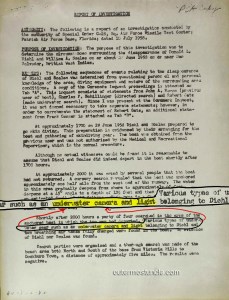 A page from a Cold War era U.S. Government Report. It states that an underwater camera and strobe were found in a boat abandoned off of San Salvador Island, Bahamas. 