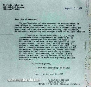 A 1950's Cold War era letter from the Office of Special Consular Services to Ohio State Representative Clevenger, stating no one in El Salvador is aware of the disappearance of my Uncle Bill. 
