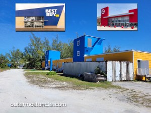 The Central Control building on San Salvador Island, as it looks today. The image has photos of Best Buy as well as a Target store, inlaid. Bahamas.