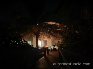 A night photo of our Airbnb rental in Sandy Point, San Salvador Island, Bahamas.