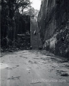 A black and white photo of a large outdoor stairway called the "Queen's Staircase" in Nassau, Bahamas. Taken by my Uncle Bill around 1956.