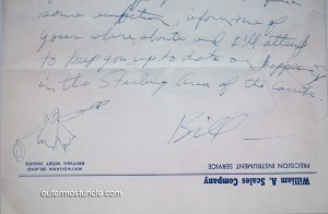 A portion of a letter sent by Uncle Bill in the 1950's. He used letterhead from "William A. Scales Company, Precision Instrument Service, Mayaguana Island, British West Indies"  