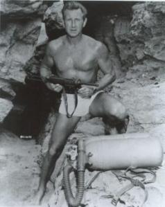 A vintage photo of Lloyd Bridges, in all his shirt-less glory, as Mike Nelson in the TV show Sea Hunt.