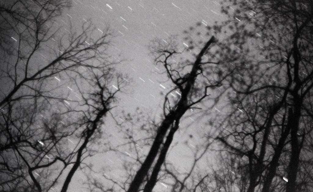 Star trails on black and white film. Taken with a Pentax Spotmatic on a chilly night at a campsite in Indiana.