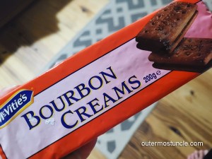 A photo of a package of McVitie's "Bourbon Creams" cookies. A sad dinner in paradise.