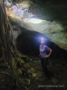 Me and my headlight, inside the bat cave, looking up. Mayaguana Island, 2024.
