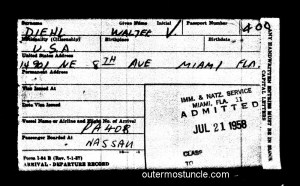A departure slip from Nassau to Miami dated July 21, 1958.