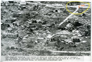 A black and white aerial news photo, depicting the destruction of Hurricane Donna. 1960. 