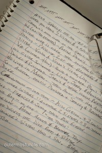 A photo of my notebook where I have jotted down Denise's tally of children who were left behind by U.S. military and civilian fathers.