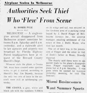 A newspaper article whose headline reads " Authorities seek thief who 'flew' from the sceene".
