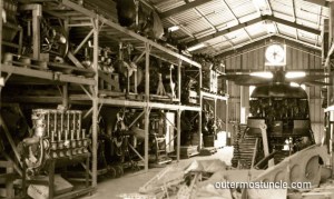 A sepia toned image of vintage aircraft engines. Photographed in a back warehouse in the National Air and Space Museum, Washington, DC. 1980.