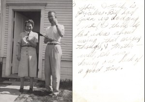 A 50's vintage black and white photo of my grandmother and Uncle Bill, having a fun moment.