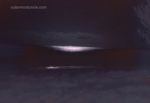 Night photo. The moon reflecting off the sea. Taken by William Scales, British West Inides, 1957.