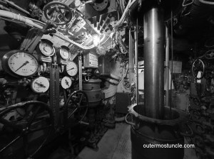 Photo of the interior of a vintage Finnish submarine. The Vesikko, at Fort Suomenlinna.